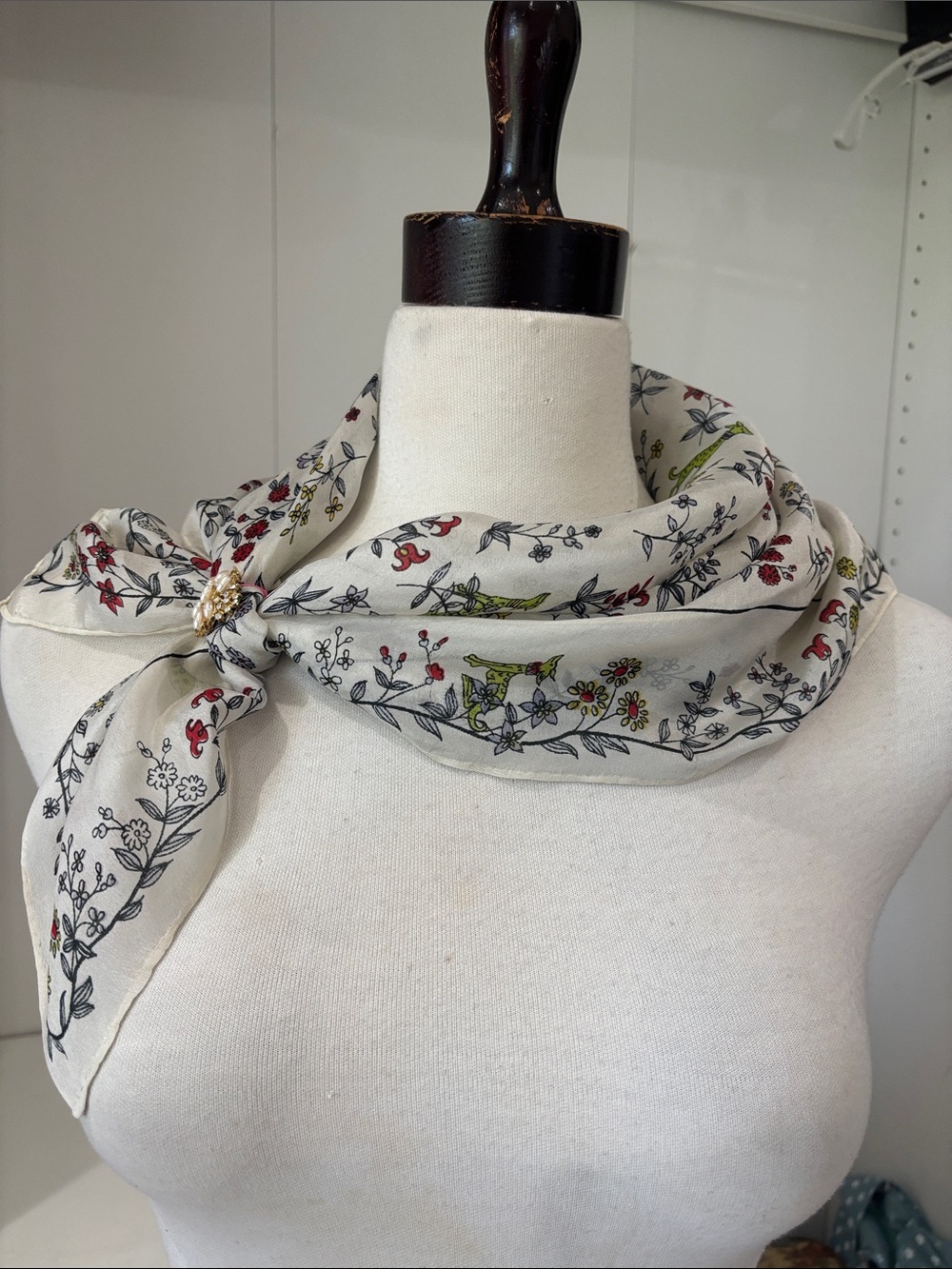 Floral & Fox Print Scarf - White with Red, Green & Gray silk.